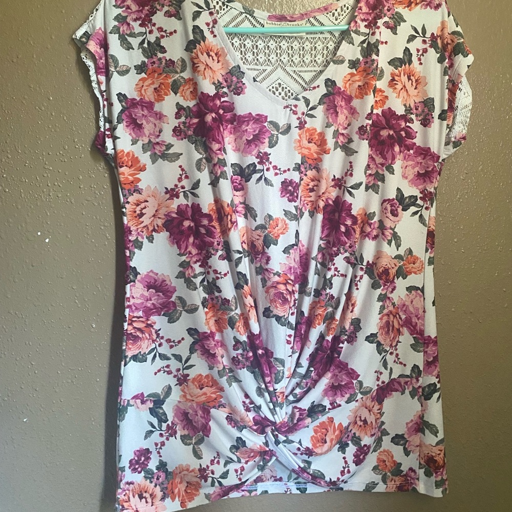 Pink flowers white top